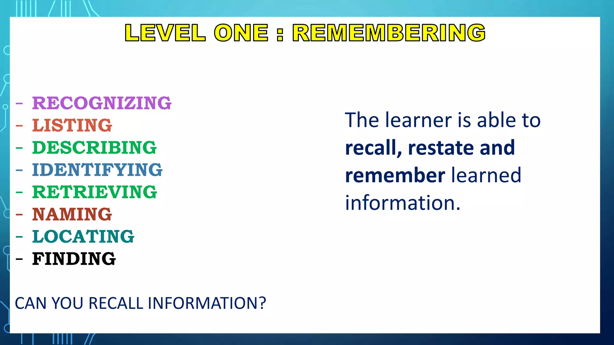 - RECOGNIZING
- LISTING
- DESCRIBING
- IDENTIFYING
- RETRIEVING
- NAMING
- LOCATING
- FINDING
CAN YOU RECALL INFORMATION?
The learner is able to
recall, restate and
remember learned
information.
 