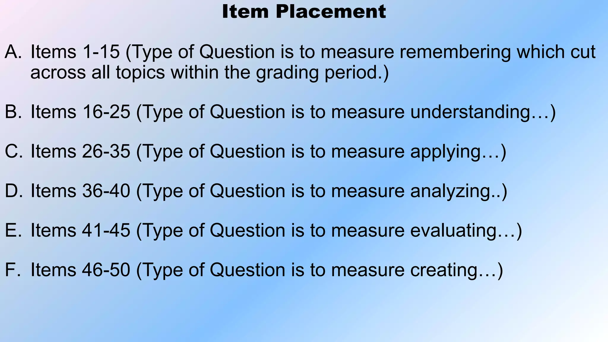 Item Placement
A. Items 1-15 (Type of Question is to measure remembering which cut
across all topics within the grading period.)
B. Items 16-25 (Type of Question is to measure understanding…)
C. Items 26-35 (Type of Question is to measure applying…)
D. Items 36-40 (Type of Question is to measure analyzing..)
E. Items 41-45 (Type of Question is to measure evaluating…)
F. Items 46-50 (Type of Question is to measure creating…)
 