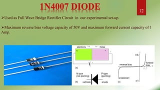 Used as Full Wave Bridge Rectifier Circuit in our experimental set-up.
Maximum reverse bias voltage capacity of 50V and maximum forward current capacity of 1
Amp.
12
 