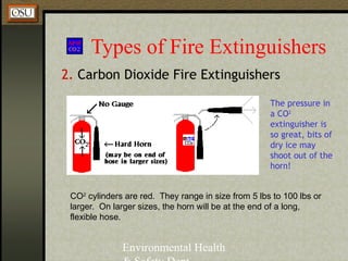 Environmental Health
Types of Fire Extinguishers
2. Carbon Dioxide Fire Extinguishers
CO2
cylinders are red. They range in size from 5 lbs to 100 lbs or
larger. On larger sizes, the horn will be at the end of a long,
flexible hose.
The pressure in
a CO2
extinguisher is
so great, bits of
dry ice may
shoot out of the
horn!
 