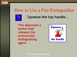 Environmental Health
How to Use a Fire Extinguisher
Squeeze the top handle…
This depresses a
button that
releases the
pressurized
extinguishing
agent.
 