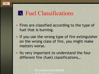 Environmental Health
Fuel Classifications
• Fires are classified according to the type of
fuel that is burning.
• If you use the wrong type of fire extinguisher
on the wrong class of fire, you might make
matters worse.
• Its very important to understand the four
different fire (fuel) classifications…
 
