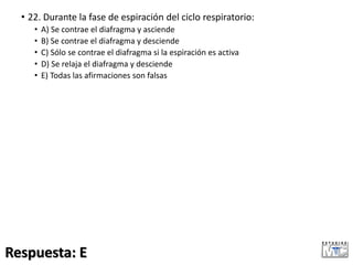 • 22. Durante la fase de espiración del ciclo respiratorio:
• A) Se contrae el diafragma y asciende
• B) Se contrae el diafragma y desciende
• C) Sólo se contrae el diafragma si la espiración es activa
• D) Se relaja el diafragma y desciende
• E) Todas las afirmaciones son falsas
Respuesta: E
 