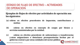ESTADO DE FLUJO DE EFECTIVO – ACTIVIDADES
DE OPERACION
Ejemplos de flujos de efectivo por actividades de operación son
los siguientes:
(a) cobros en efectivo procedentes de impuestos, contribuciones y
multas;
(b) cobros en efectivo en concepto de cargos por bienes y
servicios suministrados por la entidad;
(c) cobros en efectivo procedente de subvenciones o transferencias
y otras asignaciones o dotaciones presupuestarias hechas por el
gobierno central o por otras entidades del sector público;
 