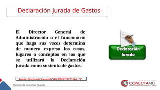 Declaración Jurada de Gastos
El Director General de
Administración o el funcionario
que haga sus veces determina
de manera expresa los casos,
lugares o conceptos en los que
se utilizará la Declaración
Jurada como sustento de gastos.
Fuente: Directiva de Tesorería N° 001-2007-EF/77.15 (Art. 71°)
 