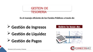 GESTION DE
TESORERIA
 Gestión de Ingresos
 Gestión de Liquidez
 Gestión de Pagos
Sobre la base de:
Es el manejo eficiente de los Fondos Públicos a través de:
 
