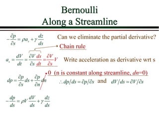 Bernoulli
Along a Streamline
s
dV V
a
dt s

= =

s
p dz
a
s ds
 

− = +

p p
dp ds dn
s n
 
= +
 
0 (n is constant along streamline, dn=0)
dp dV dz
V
ds ds ds
 
− = +
Write acceleration as derivative wrt s
Chain rule
ds
dt
=
dp ds p s
 =   dV ds V s
=  
and
Can we eliminate the partial derivative?
V
V
s


 