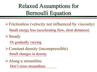 Relaxed Assumptions for
Bernoulli Equation
➢Frictionless (velocity not influenced by viscosity)
➢Steady
➢Constant density (incompressible)
➢Along a streamline
Small energy loss (accelerating flow, short distances)
Or gradually varying
Small changes in density
Don’t cross streamlines
 
