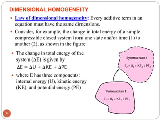 DIMENSIONAL HOMOGENEITY
 Law of dimensional homogeneity: Every additive term in an
equation must have the same dimensions.
 Consider, for example, the change in total energy of a simple
compressible closed system from one state and/or time (1) to
another (2), as shown in the figure
 The change in total energy of the
system (∆E) is given by
 where E has three components:
internal energy (U), kinetic energy
(KE), and potential energy (PE).
4
 