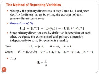  We apply the primary dimensions of step 2 into Eq. 1 and force
the Π to be dimensionless by setting the exponent of each
primary dimension to zero:
 Dimensions of Π1:
 Since primary dimensions are by definition independent of each
other, we equate the exponents of each primary dimension
independently to solve for exponents a1 and b1
 Thus
The Method of Repeating Variables
43
 