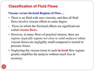Viscous versus Inviscid Regions of Flow…
 There is no fluid with zero viscosity, and thus all fluid
flows involve viscous effects to some degree.
 Flows in which the frictional effects are significant are
called viscous flows.
 However, in many flows of practical interest, there are
regions (typically regions not close to solid surfaces) where
viscous forces are negligibly small compared to inertial or
pressure forces.
 Neglecting the viscous terms in such inviscid flow regions
greatly simplifies the analysis without much loss in
accuracy.
Classification of Fluid Flows
17
 