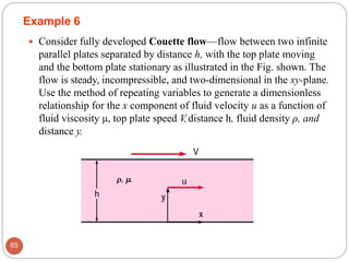 Example 6
 Consider fully developed Couette flow—flow between two infinite
parallel plates separated by distance h, with the top plate moving
and the bottom plate stationary as illustrated in the Fig. shown. The
flow is steady, incompressible, and two-dimensional in the xy-plane.
Use the method of repeating variables to generate a dimensionless
relationship for the x component of fluid velocity u as a function of
fluid viscosity μ, top plate speed V,distance h, fluid density ρ, and
distance y.
65
 