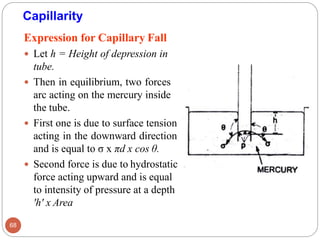 Capillarity
Expression for Capillary Fall
 Let h = Height of depression in
tube.
 Then in equilibrium, two forces
arc acting on the mercury inside
the tube.
 First one is due to surface tension
acting in the downward direction
and is equal to σ x πd x cos θ.
 Second force is due to hydrostatic
force acting upward and is equal
to intensity of pressure at a depth
'h' x Area
68
 