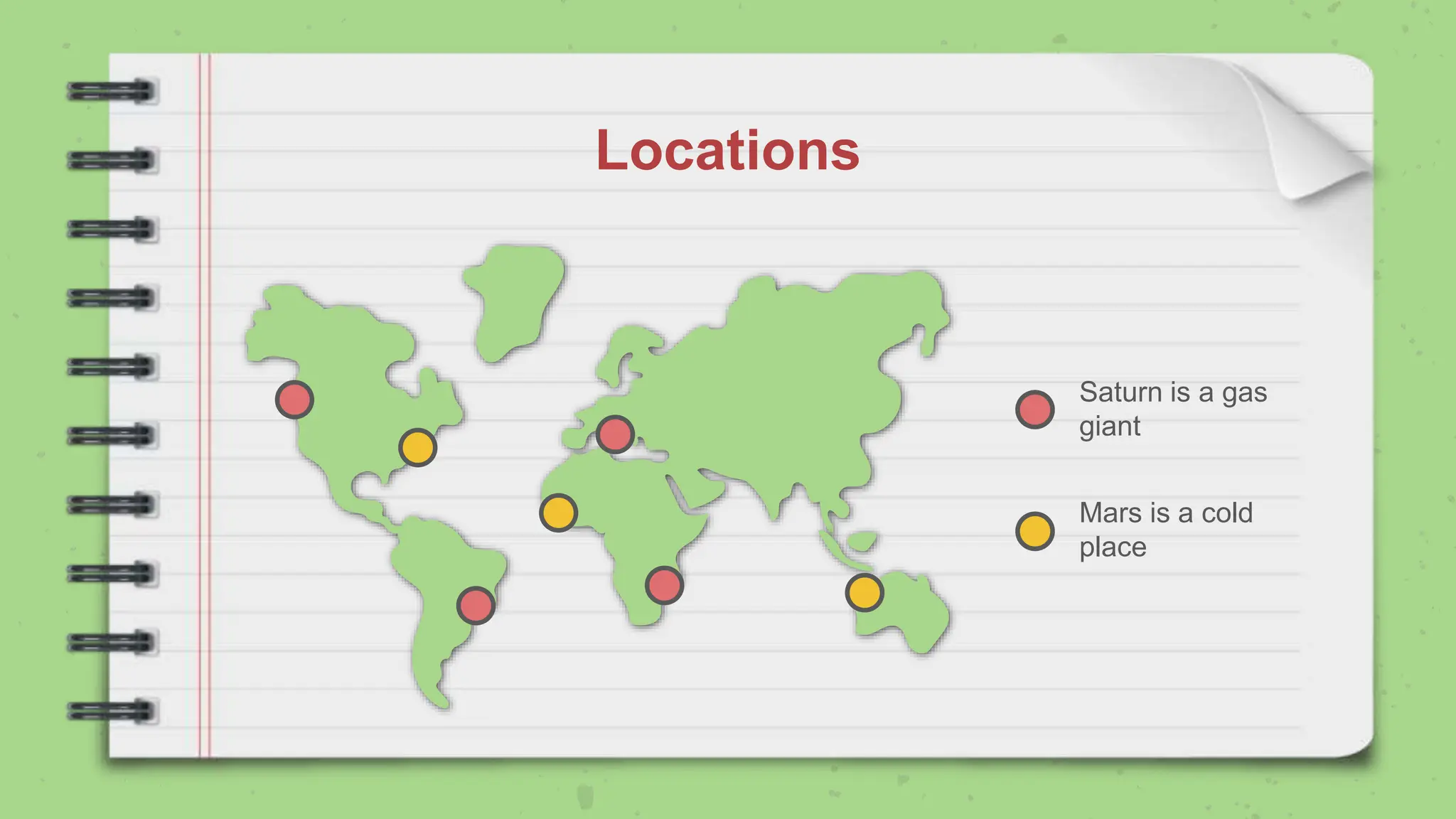 Locations
Mars is a cold
place
Saturn is a gas
giant
 