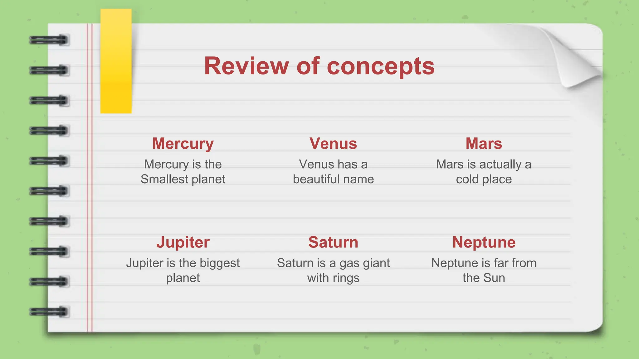 Review of concepts
Mercury
Mercury is the
Smallest planet
Venus
Venus has a
beautiful name
Mars
Mars is actually a
cold place
Jupiter
Jupiter is the biggest
planet
Saturn
Saturn is a gas giant
with rings
Neptune
Neptune is far from
the Sun
 