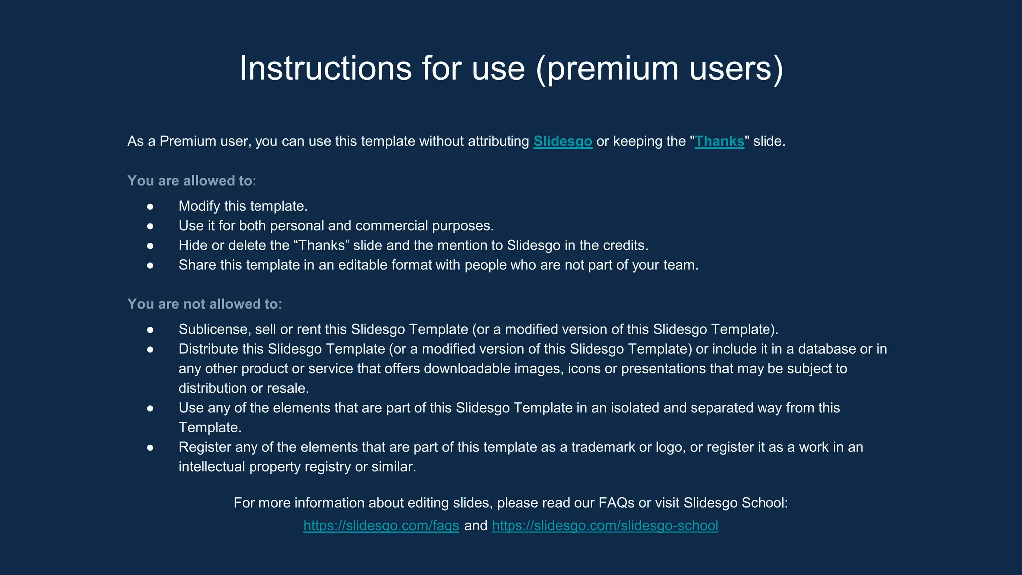 As a Premium user, you can use this template without attributing Slidesgo or keeping the "Thanks" slide.
You are allowed to:
● Modify this template.
● Use it for both personal and commercial purposes.
● Hide or delete the “Thanks” slide and the mention to Slidesgo in the credits.
● Share this template in an editable format with people who are not part of your team.
You are not allowed to:
● Sublicense, sell or rent this Slidesgo Template (or a modified version of this Slidesgo Template).
● Distribute this Slidesgo Template (or a modified version of this Slidesgo Template) or include it in a database or in
any other product or service that offers downloadable images, icons or presentations that may be subject to
distribution or resale.
● Use any of the elements that are part of this Slidesgo Template in an isolated and separated way from this
Template.
● Register any of the elements that are part of this template as a trademark or logo, or register it as a work in an
intellectual property registry or similar.
For more information about editing slides, please read our FAQs or visit Slidesgo School:
https://slidesgo.com/faqs and https://slidesgo.com/slidesgo-school
Instructions for use (premium users)
 
