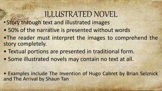 ILLUSTRATED NOVEL
•Story through text and illustrated images
• 50% of the narrative is presented without words
•The reader must interpret the images to comprehend the
story completely.
• Textual portions are presented in traditional form.
• Some illustrated novels may contain no text at all.
• Examples include The Invention of Hugo Cabret by Brian Selznick
and The Arrival by Shaun Tan
 