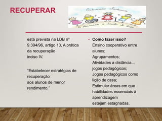 RECUPERAR
está prevista na LDB nº
9.394/96, artigo 13, A prática
da recuperação
inciso IV.
“Estabelecer estratégias de
recuperação
aos alunos de menor
rendimento.”
• Como fazer isso?
Ensino cooperativo entre
alunos;
Agrupamentos;
Atividades a distância...
jogos pedagógicos;
Jogos pedagógicos como
lição de casa;
Estimular áreas em que
habilidades essenciais à
aprendizagem
estejam estagnadas.
 