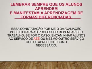LEMBRAR SEMPRE QUE OS ALUNOS
APRENDEM
E MANIFESTAM A APRENDIZAGEM DE
FORMAS DIFERENCIADAS.
ESSA CONSTATAÇÃO POR MEIO DA AVALIAÇÃO
POSSIBILITARÁ AO PROFESSOR REPENSAR SEU
TRABALHO, SE FOR O CASO, ENCAMINHAR ALUNOS
AO SERVIÇO DE AEE OU MESMO OUTRO SERVIÇO
QUE SE APRESENTE COMO
NECESSÁRIO.
 