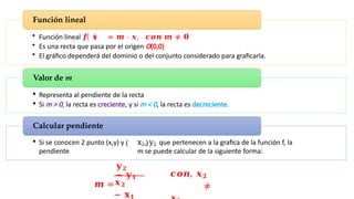 Función lineal
• Función lineal 𝒇 𝒙 = 𝒎 ⋅ 𝒙, 𝒄𝒐𝒏 𝒎 ≠ 𝟎
• Es una recta que pasa por el origen O(0,0)
• El gráfico dependerá del dominio o del conjunto considerado para graficarla.
Valor de m
• Representa al pendiente de la recta
• Si m > 0, la recta es creciente, y si m < 0, la recta es decreciente.
Calcular pendiente
• Si se conocen 2 punto (x,y) y x2, y2 que pertenecen a la grafica de la función f, la
pendiente m se puede calcular de la siguiente forma:
𝐲𝟐
− 𝐲𝟏
𝒎 =𝒙𝟐
− 𝐱𝟏
𝒄𝒐𝒏, 𝒙𝟐
≠
 