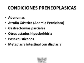 CONDICIONES PRENEOPLASICAS
• Adenomas
• Atrofia Gástrica (Anemia Perniciosa)
• Gastrectomías parciales
• Otros estados hipoclorhidria
• Post-causticados
• Metaplasia intestinal con displasia
 