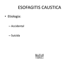 ESOFAGITIS CAUSTICA
• Etiologia:
– Accidental
– Suicida
 
