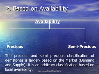 2. Based on Availability

                  Availability




Precious                              Semi-Precious

The precious and semi precious classification of
gemstones is largely based on the Market (Demand
and Supply); it is an arbitrary classification based on
local availability. sgs_sena@rediffmail.com
 