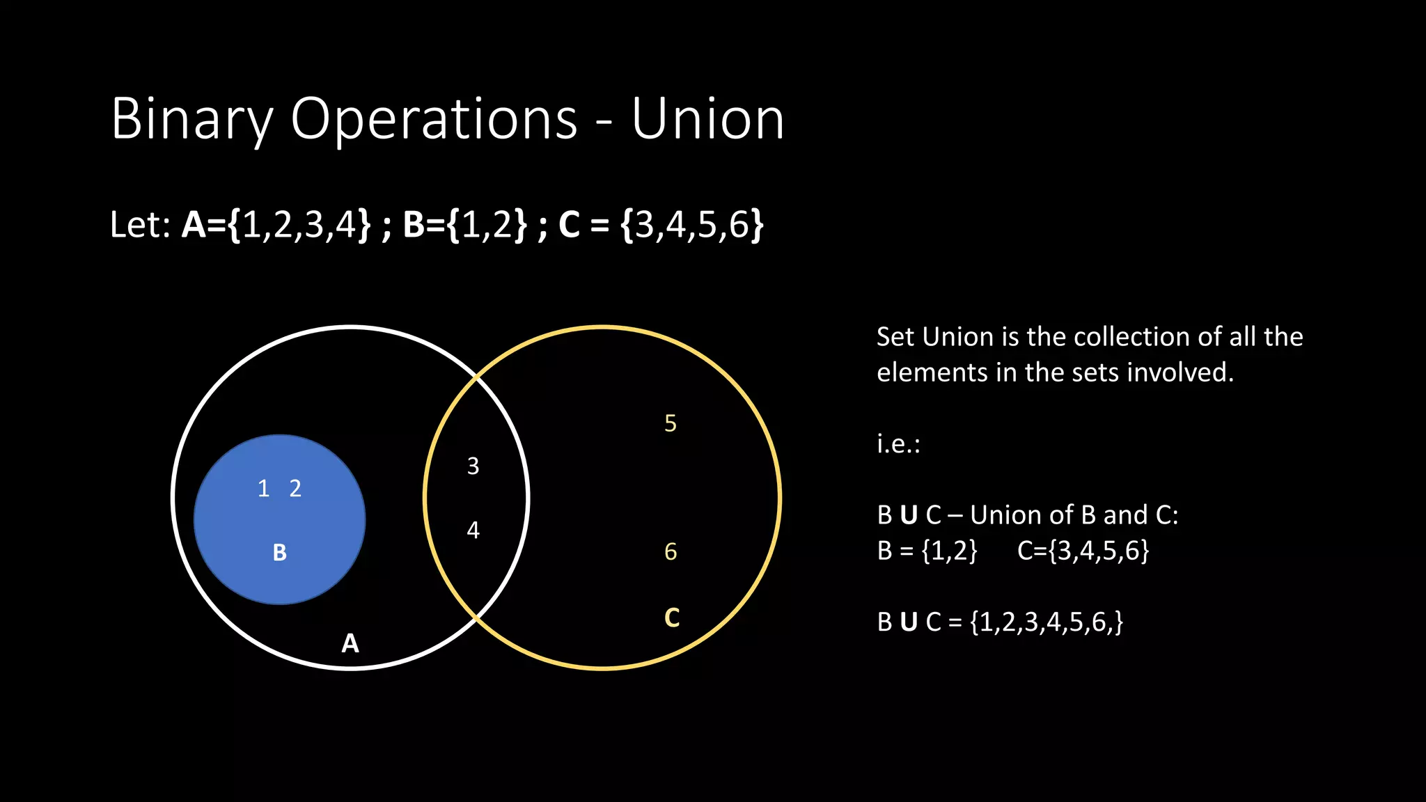 A
Binary Operations - Union
Let: A={1,2,3,4} ; B={1,2} ; C = {3,4,5,6}
1 2
B
3
4
5
6
C
Set Union is the collection of all the
elements in the sets involved.
i.e.:
B U C – Union of B and C:
B = {1,2} C={3,4,5,6}
B U C = {1,2,3,4,5,6,}
 