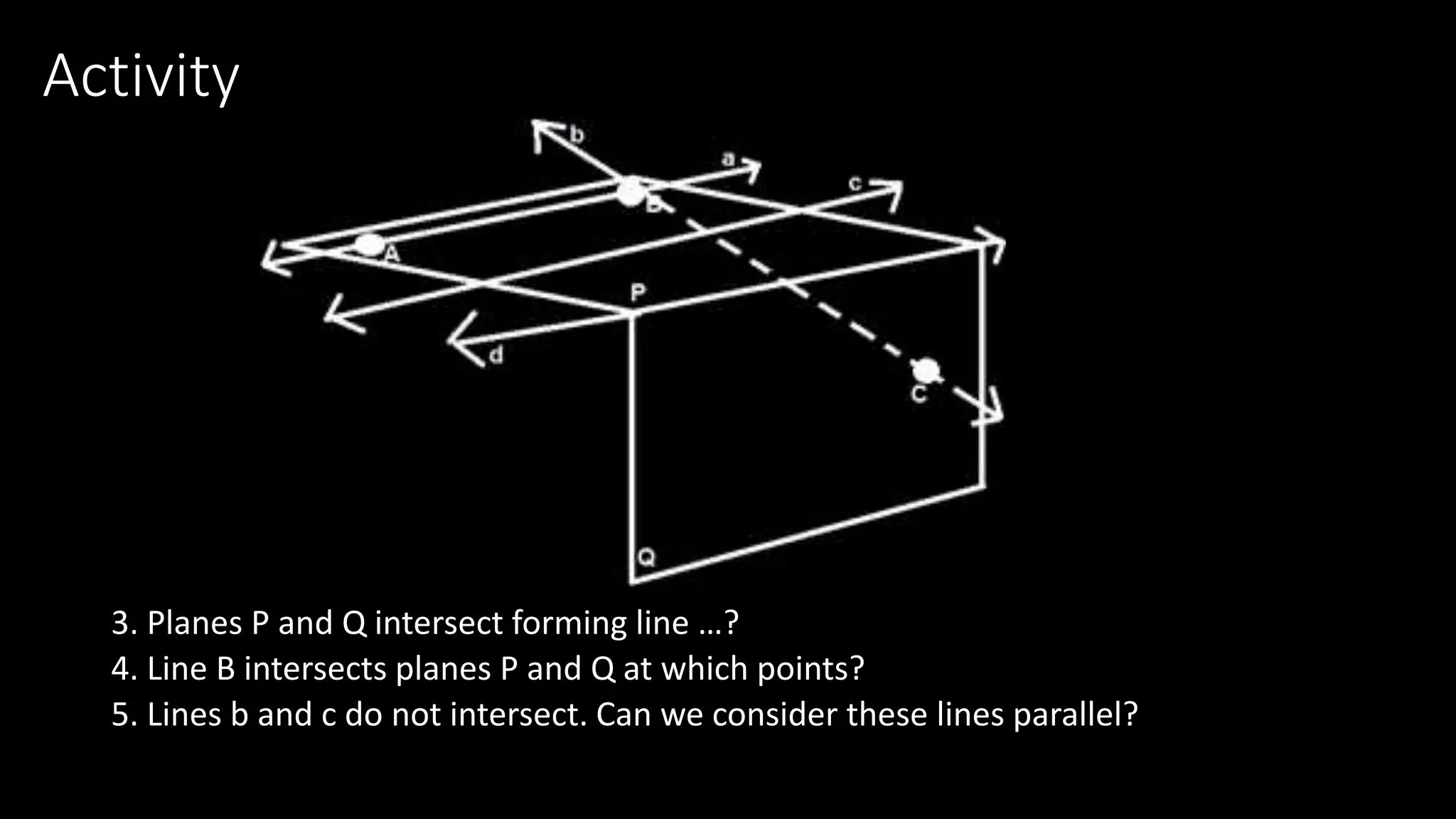 Activity
3. Planes P and Q intersect forming line …?
4. Line B intersects planes P and Q at which points?
5. Lines b and c do not intersect. Can we consider these lines parallel?
 