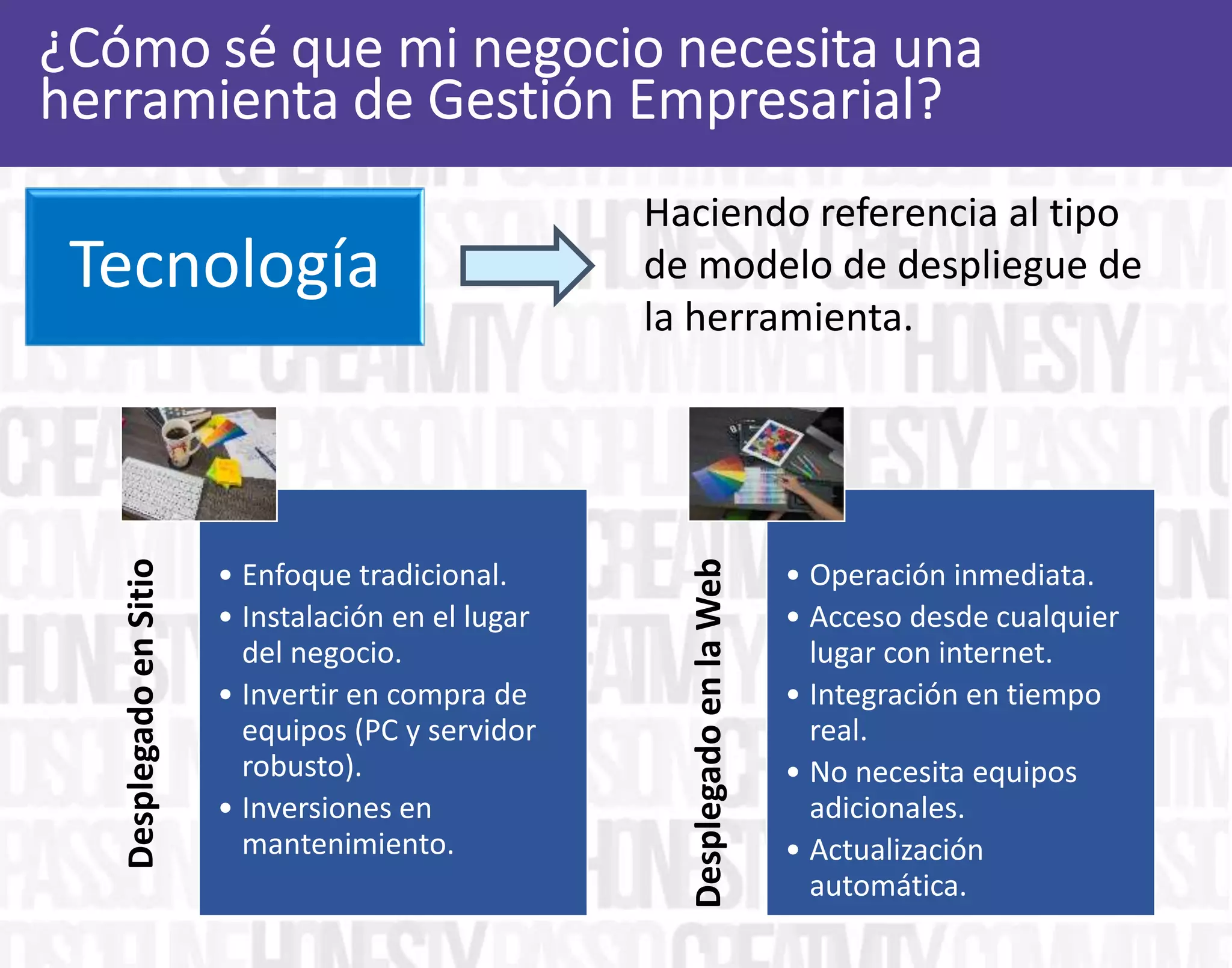 Haciendo referencia al tipo
de modelo de despliegue de
la herramienta.
Tecnología
DesplegadoenSitio
• Enfoque tradicional.
• Instalación en el lugar
del negocio.
• Invertir en compra de
equipos (PC y servidor
robusto).
• Inversiones en
mantenimiento.
DesplegadoenlaWeb
• Operación inmediata.
• Acceso desde cualquier
lugar con internet.
• Integración en tiempo
real.
• No necesita equipos
adicionales.
• Actualización
automática.
 