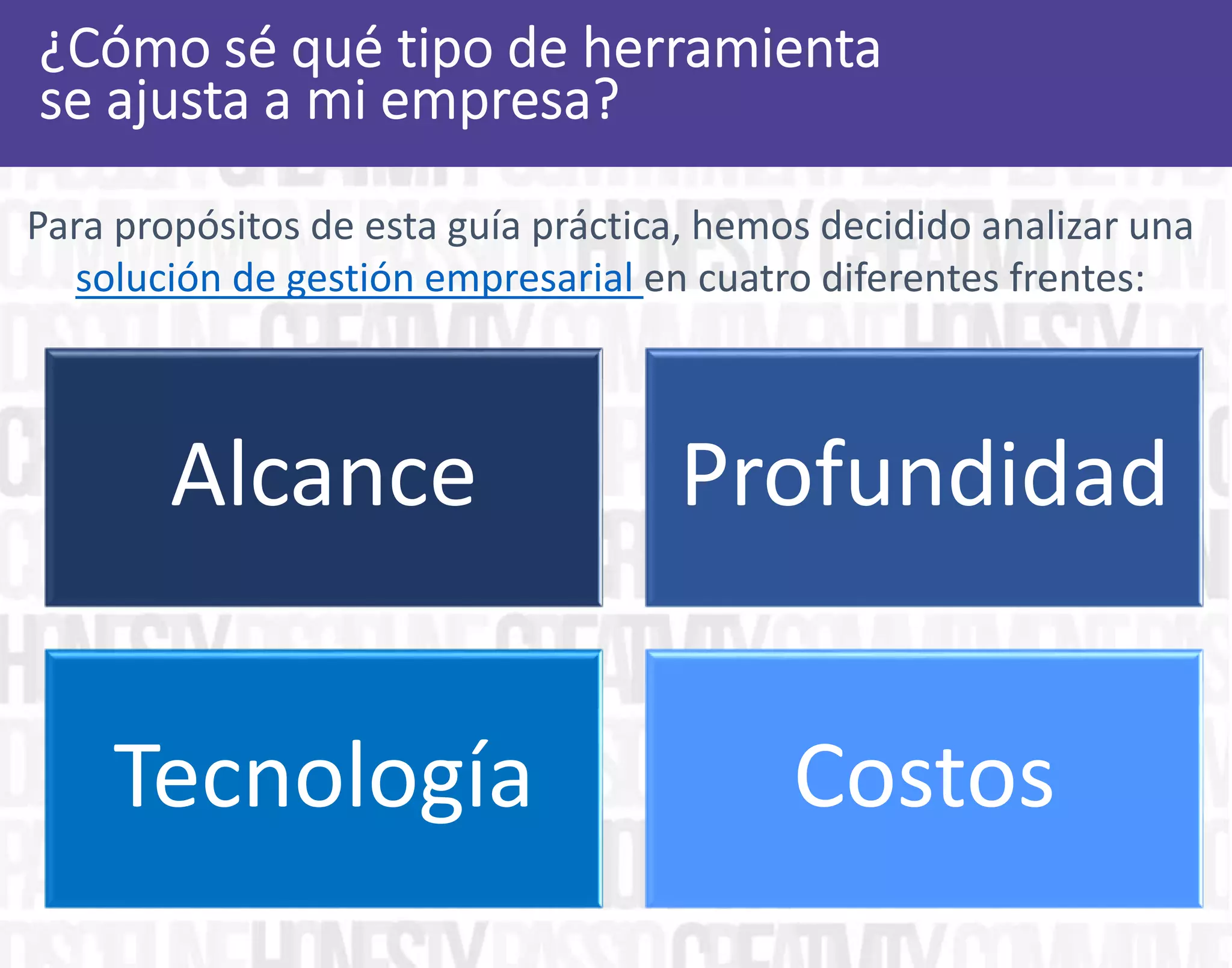 Para propósitos de esta guía práctica, hemos decidido analizar una
solución de gestión empresarial en cuatro diferentes frentes:
Alcance Profundidad
Tecnología Costos
 