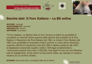 Banche dati: Il Foro Italiano – Le BD online  EDITORE : Zanichelli  RESPONSABILITÀ : Zanichelli PERIODICITÀ : Mensile SOFTWARE : Proprietario "Il Foro Italiano. Le Banche dati on line" fornisce ai lettori la possibilità di consultare su internet l'intera gamma delle banche dati prodotte da Il Foro Italiano: il Repertorio del Foro Italiano dal 1981; la rivista Il Foro Italiano dal 1987 (con possibilità di consultare l'intero archivio o il solo ultimo fascicolo);  massime ufficiali di Cassazione civile dal 1990 e relative sentenze dal 1997;  la legislazione essenziale (quattro codici e 500 leggi complementari).  I documenti presenti sono oltre 1.200.000, tutti legati fra loro da una fittissima rete di collegamenti, anche interni ai documenti stessi, per passare in maniera intuitiva da un archivio all'altro. ACCESSO:  banca dati online, consultabile dalla rete di Ateneo 
