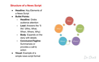 Structure of a News Script
● Headline: Key Elements of
a News Script
● Bullet Points:
○ Headline: Grabs
audience attention
○ Lead: Answers the “5
Ws” (Who, What,
When, Where, Why)
○ Body: Expands on the
story with details
○ Conclusion/Tagline:
Summarizes or
provides a call to
action
● Visual: Example of a
simple news script format
 