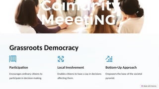 Grassroots Democracy
Participation
Encourages ordinary citizens to
participate in decision-making.
Local Involvement
Enables citizens to have a say in decisions
affecting them.
Bottom-Up Approach
Empowers the base of the societal
pyramid.