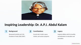 Inspiring Leadership: Dr. A.P.J. Abdul Kalam
1 Background
Renowned scientist and 11th
President of India (2002-2007).
2 Contributions
Crucial role in India's space,
missile, and nuclear programs.
3 Legacy
Inspired millions with his humility
and dedication to education and
innovation.
