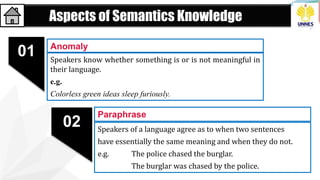 Aspects of Semantics Knowledge
Speakers know whether something is or is not meaningful in
their language.
e.g.
Colorless green ideas sleep furiously.
Anomaly
01
02 Speakers of a language agree as to when two sentences
have essentially the same meaning and when they do not.
e.g. The police chased the burglar.
The burglar was chased by the police.
Paraphrase
 
