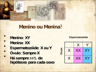 Menino ou Menina? Menino: XY Menina: XX Espermatozóide: X ou Y Óvulo: Sempre X  Há sempre 50% de hipóteses para cada sexo Espermatozóide Óvulo XY XX X XY XX X Y X 