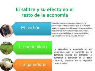El salitre y su efecto en el
resto de la economía
El carbón
La agricultura
La ganadería
El carbón, comienza su auge junto con la
producción salitrera, debido que este mineral
servía como combustible para los ferrocarriles y
maquinarias de la industria salitrera, lo que
impulsa su actividad en la zona sur de Chile,
específicamente en la zona de Arauco.
La agricultura y ganadería se ven
favorecidas por el aumento en la
demanda interna de alimentos al
aumentar la población en las zonas
salitreras, producto de la migración
campo-ciudad.
 