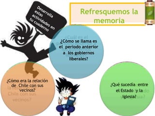 Refresquemos la
memoria
¿Cómo se llama es
el período anterior
a los gobiernos
liberales?
¿Qué sucedía entre
el Estado y la
Iglesia?
¿Cómo era la relación
de Chile con sus
vecinos?
 