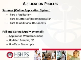 19 
Summer (Online Application System) 
–Part I: Application 
–Part II: Letters of Recommendation 
–Part III: Additional Documents 
Fall and Spring (Apply by email) 
–Application Word Document 
–Updated Resume/CV 
–Unofficial Transcripts 
APPLICATION PROCESS  