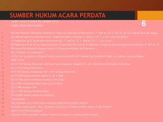 SUMBER HUKUM ACARA PERDATA
• Sumber hukum  tempat kita menggali hukum
• Sumber Hukum Acara Perdata :
1. HIR (Het Herziene Indonesisch Reglement) / Reglemen Indonesia yg diperbaharui : S. 1848 no. 16, S. 1941 no. 44  u/ daerah Jawa dan Madura
2. Rbg (Rechtsreglement Buitengewesten) / Reglemen daerah seberang : S. 1927 no. 227  u/ luar Jawa dan Madura
3. Rv (Reglement op de Burgerlijke rechtsvordering) : S. 1847 no. 52, S. 1849 no. 63  u/ gol. Eropa
4. RO (Reglement op de Rechterlijke Organisatie in hed beleid der Justitie in Indonesie) / Reglemen tentang Organisasi Kehakiman : S. 1847 no. 23
5. BW (Burgerlijk Wetboek) terutama Buku ke IV tentang Pembuktian dan Daluwarsa
6. WvK (Wetboek van Koophandel)
7. UU 20/1947 yg mengatur mengenai hukum acara perdata dalam hal banding bagi Pengadilan Tinggi  u/ daerah Jawa dan Madura
8. SEMA 3/1963
9. UU 14/1970 tentang Ketentuan-ketentuan Pokok Kekuasaan Kehakiman jo. UU 4/2004 tentang Kekuasaan Kehakiman
10. UU 1/1974 tentang Perkawinan
11. PP 9/1975 tentang Pelaksanaan UU 1/1974 tentang Perkawinan
12. UU 7/1989 tentang Peradilan Agama jo. UU 3/2006
13. UU 14/1985 tentang Mahkamah Agung jo. UU 5/2004
14. UU 2/1986 tentang Peradilan Umum jo UU 8/2004
15. UU 5/1986 tentang PTUN
16. UU 31/1997 tentang Peradilan Militer
17. UU 24/2003 tentang Mahkamah Konstitusi
18. Yurisprudensi
19. Adat kebiasaan para hakim dalam melakukan pemeriksaan perkara perdata
20. Perjanjian Internasional, misal : Perjanjian Kerja Sama di bidang peradilan antara RI dgn Thailand
21. Doktrin atau ilmu pengetahuan
22. Instruksi & SEMA sepanjang mengatur hukum acara perdata & hukum perdata materiil
6
 