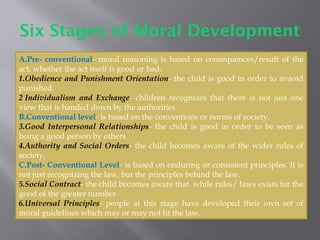 Six Stages of Moral Development
A.Pre- conventional- moral reasoning is based on consequences/result of the
act, whether the act itself is good or bad.
1.Obedience and Punishment Orientation- the child is good in order to avaoid
punished.
2.Individualism and Exchange- children recognizes that there is not just one
view that is handed down by the authorities.
B.Conventional level- is based on the conventions or norms of society.
3.Good Interpersonal Relationships- the child is good in order to be seen as
being a good person by others.
4.Authority and Social Orders- the child becomes aware of the wider rules of
society,
C.Post- Conventional Level- is based on enduring or consistent principles. It is
not just recognizing the law, but the principles behind the law.
5.Social Contract- the child becomes aware that while rules/ laws exists for the
good of the greater number.
6.Universal Principles- people at this stage have developed their own set of
moral guidelines which may or may not fit the law.
 