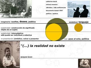 subjetividad:  construcción de significado objeto de un sujeto subjetividad:  intersubjetiva sólo puede ser individual y colectiva re-presentación : simbólico, volver a presentar “ (...) la realidad no existe jacques lacan simbólico : lenguaje real:   paso al acto, política imaginario:   sueños,  deseo , poética catherine david onkwui enwezor 100 días / 100 conferencias documenta kassel 1997 politics / poetics 