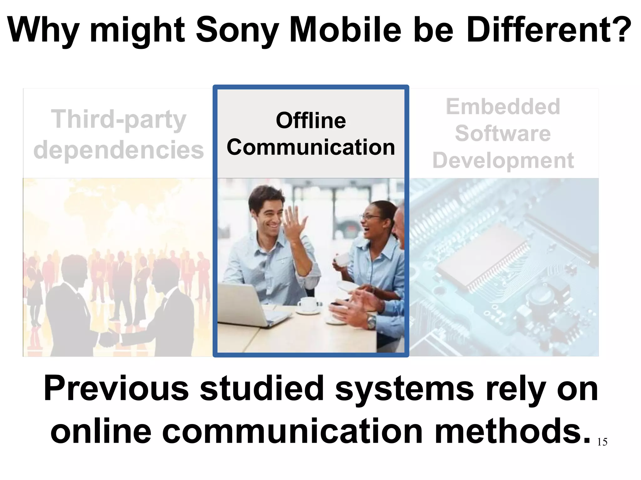 Third-party
dependencies
Why might Sony Mobile be Different?
Embedded
Software
Development
Offline
Communication
Previous studied systems rely on
online communication methods.15
 