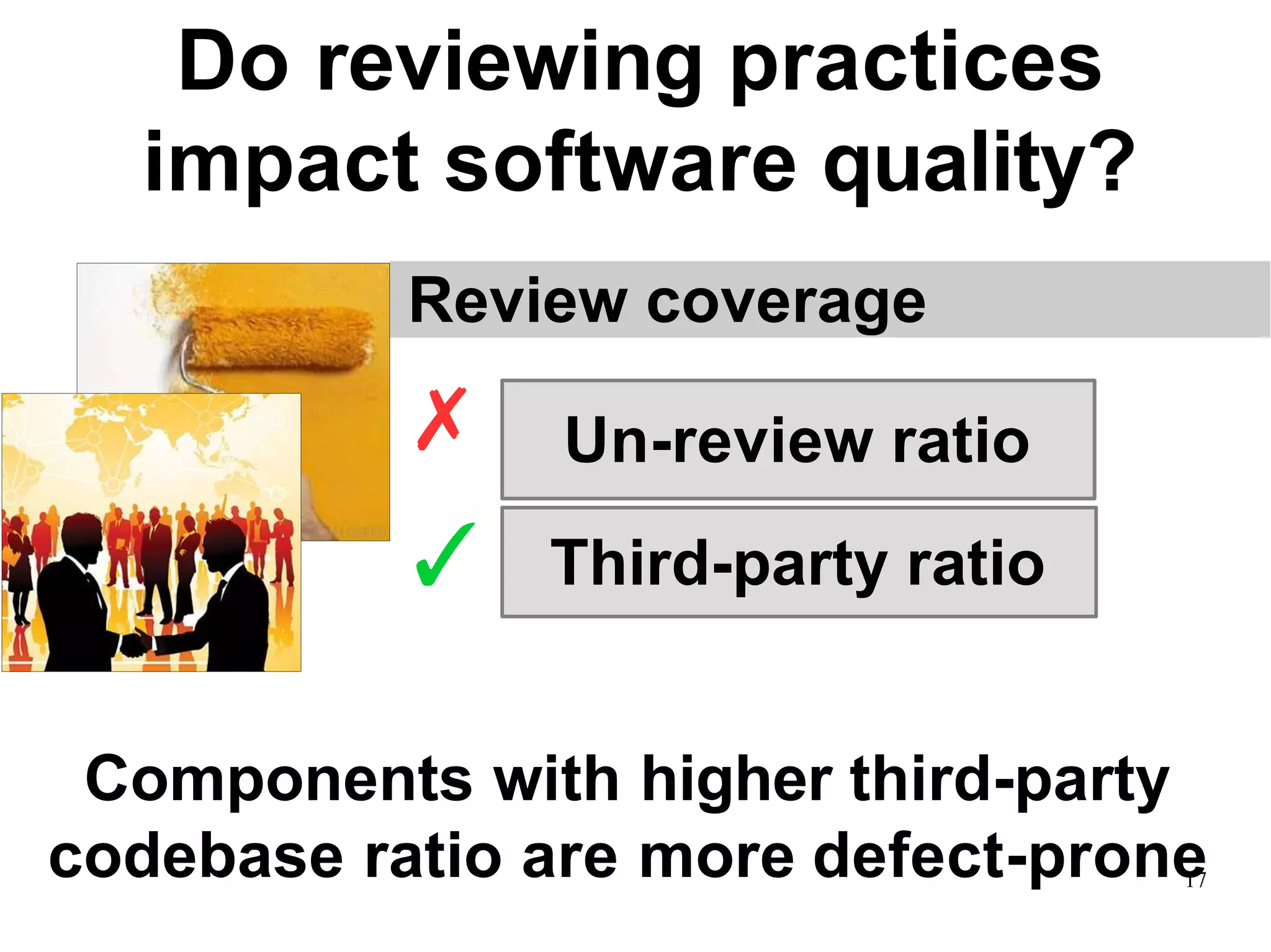 Do reviewing practices
impact software quality?
Review coverage
Un-review ratio
Third-party ratio
✗
✓
Components with higher third-party
codebase ratio are more defect-prone17
 