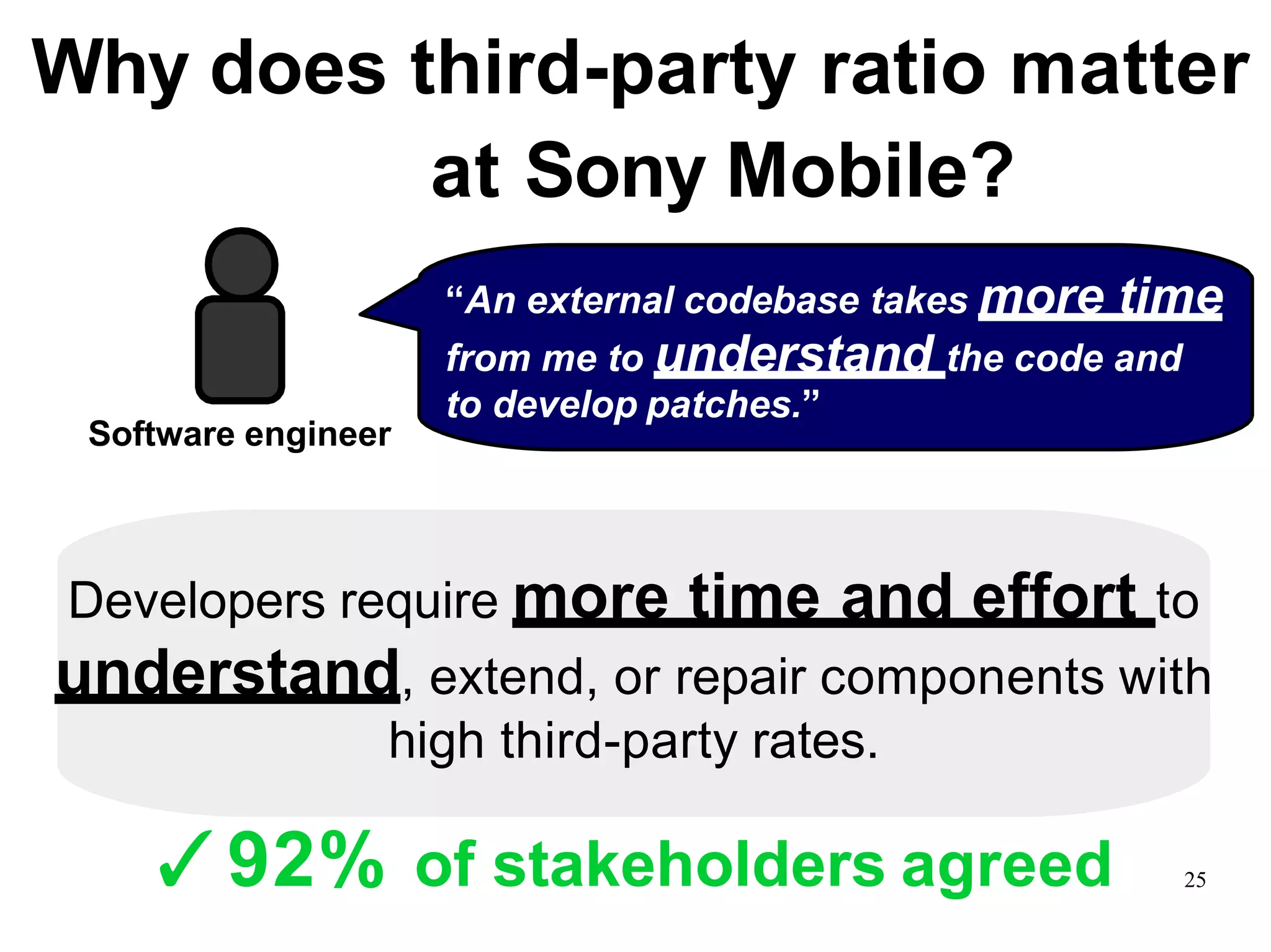 “An external codebase takes more time
from me to understand the code and
to develop patches.”
Developers require more time and effort to
understand, extend, or repair components with
high third-party rates.
Why does third-party ratio matter
at Sony Mobile?
Software engineer
✓92% of stakeholders agreed 25
 