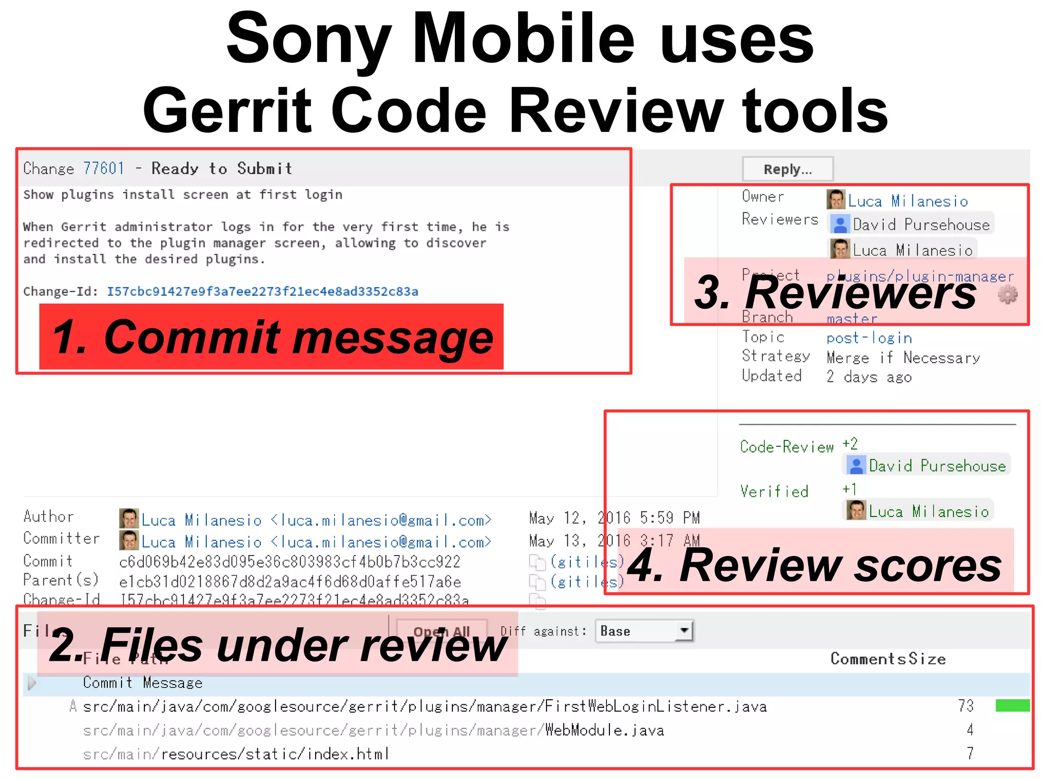 4
Sony Mobile uses
Gerrit Code Review tools
1. Commit message
4. Review scores
3. Reviewers
2. Files under review
 