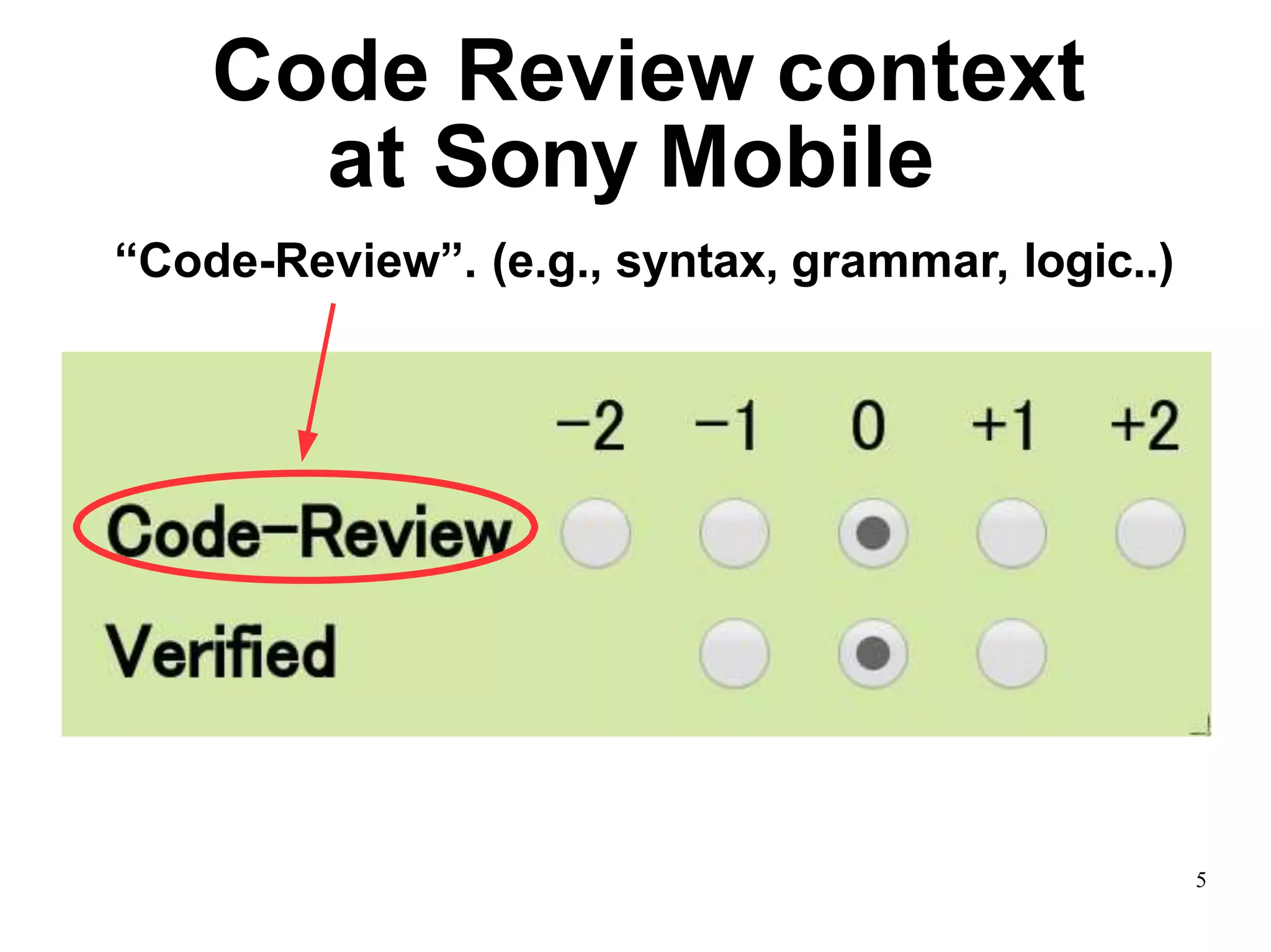 5
Code Review context
at Sony Mobile
“Code-Review”. (e.g., syntax, grammar, logic..)
 