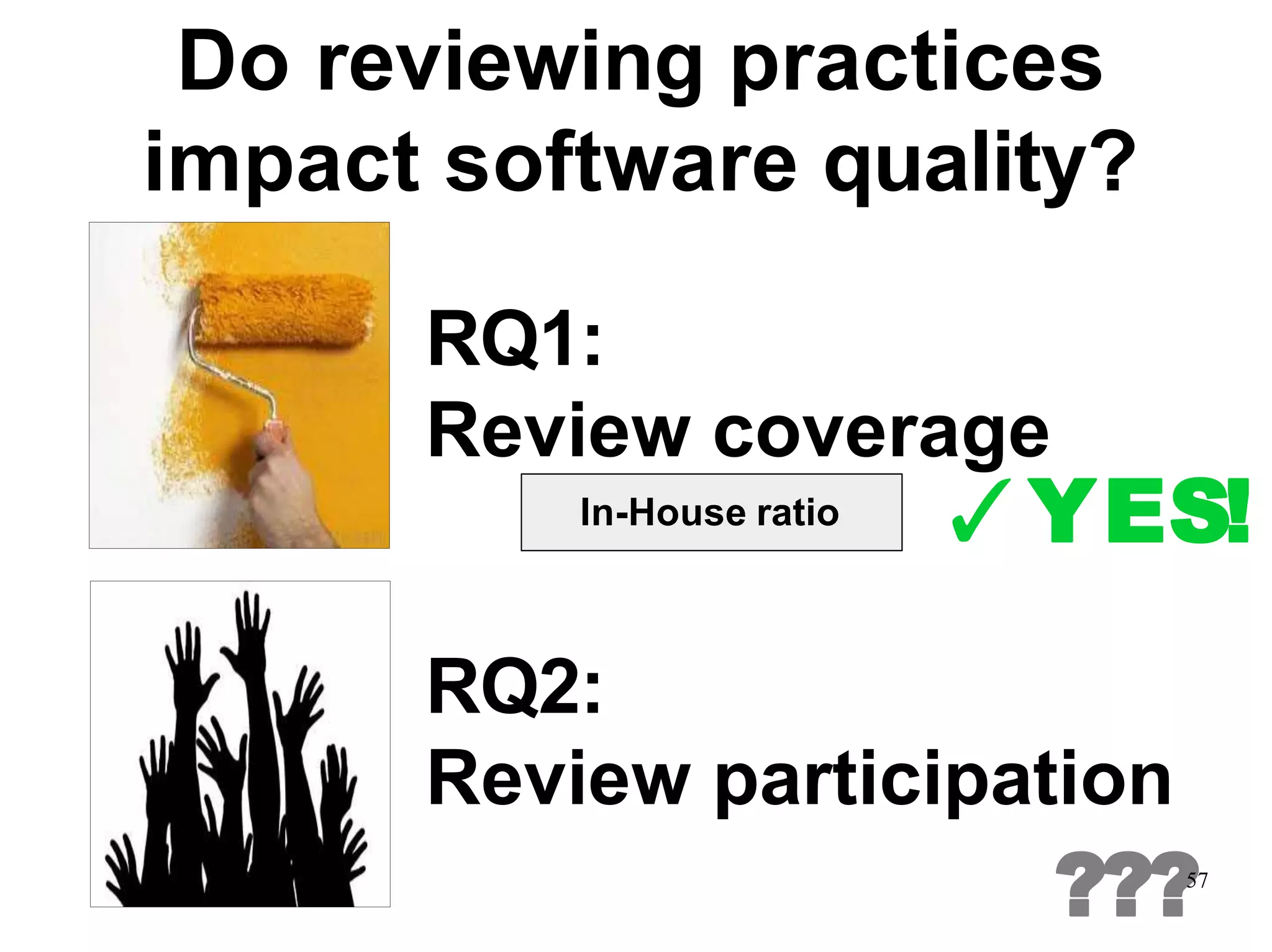 Do reviewing practices
impact software quality?
RQ1:
Review coverage
✓YES!In-House ratio
RQ2:
Review participation
???57
 