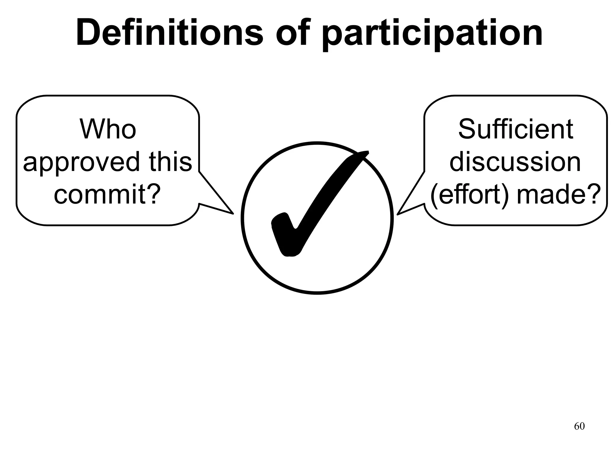 ✓
Sufficient
discussion
(effort) made?
Who
approved this
commit?
60
Definitions of participation
 